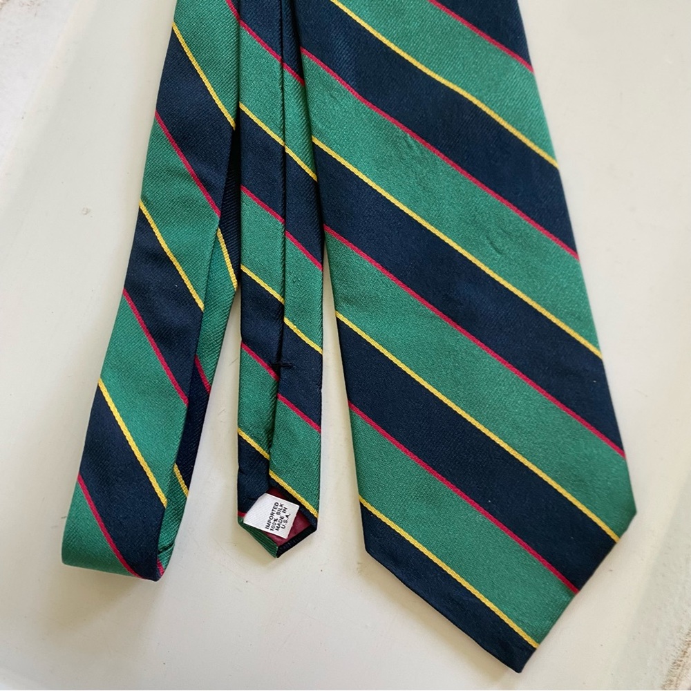 Mark Pendleton Classic Green Navy Gold Striped Silk Tie - Made in USA
